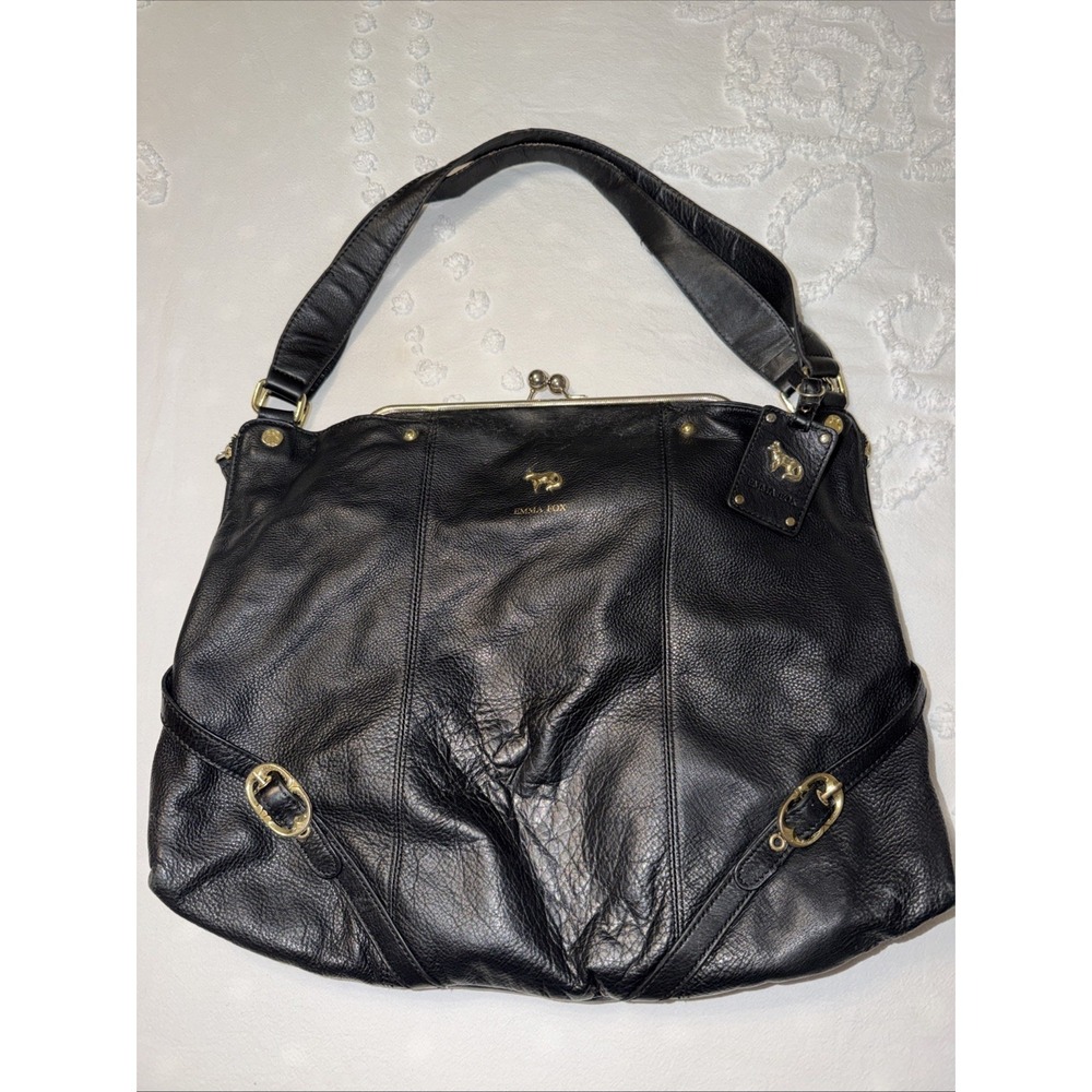 EMMA FOX Tote/purse Xlarge HANDBAG  Black Leather 2 Straps Leather Kiss Lock